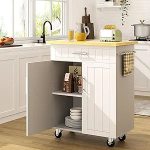 SUNLEI Rolling Kitchen Island Cart with Storage & Drawer 26" Portable Kitchen Cart with Lockable Wheels, Towel Rack & Open Shelves for Kitchen, Dining Room, Living Room(White)