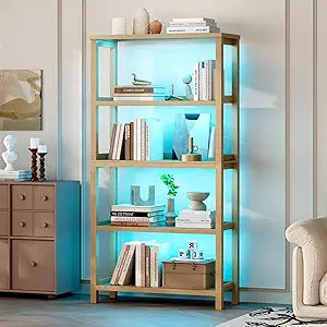 Vlsrka Wooden Bookshelf with Lights, 5 Tier Bookshelf with Storage, Tall Bookcase with Open Shelves, Standing Bookshelves Display Rack for Living Room, Home Office, Brown