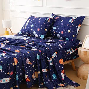 Full Sheet Set for Boys Space Rocket Universe Themed Kids, 4 Pieces