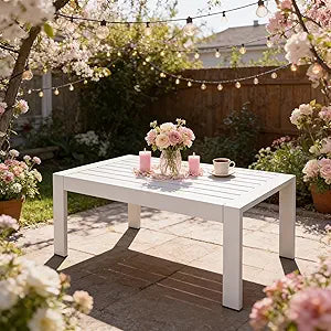 All-Weather Aluminum Outdoor Coffee Table, Modern Coffee Table for Outside, Rectangle Patio Coffee Table for Balcony Garden, White