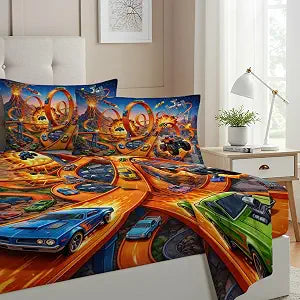 Allenjoy Hot Car Speed Racing Sheets Set with Fitted Sheet, Flat Sheet and 1 Pillowcase for Bedding Bedroom Decor, Decorations for Boyfriend Men Teens Boys Husband Twin Size