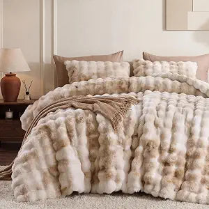 Smoofy Fluffy Comforter Set King - Ultra Faux Rabbit Fur Bubble Comforter, Tie-Dye Beige Luxury Plush Bedding Set, Cloud-Like Soft & Cozy for Winter Comforter with 2 Pillowcases, Room Decor Aesthetic