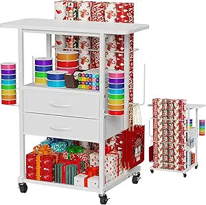 Wrapping Paper Storage Cart with 12 Rolls Wrapping Paper Organizer Holder, Rolling Craft Cart with 2 Fabric Drawer, Gift Wrapping Station with 4 Hooks Storage Ribbons and Gift Bags, Spave Saving