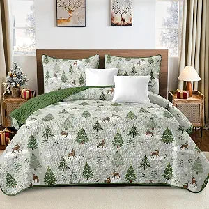 Dintszyayue Christmas Quilt Queen Size, 3 Pcs Green Bedspread Bedding Set