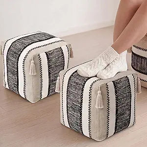 Boao 2 Pcs Unstuffed Boho Ottoman Pouf Cover 16"x16"x16" Textured Storage Cube Bean Bag Pouffe Footrest Washable Storage Bean Bag Chair Floor Pouf Covers for Living Room Bedroom Indoor (Black,Stripe)