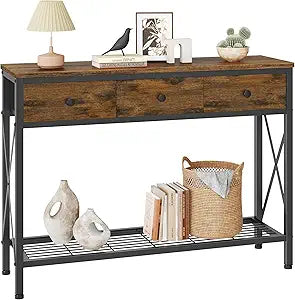 FAVOOSTY Entryway Table, 39.8" Console Table with 3 Fabric Drawers Narrow Console Table with 2-Tier Storage Shelves,Display Shelf for Living Room, Hallway, Entrance, Foyer, Office Rustic Brown