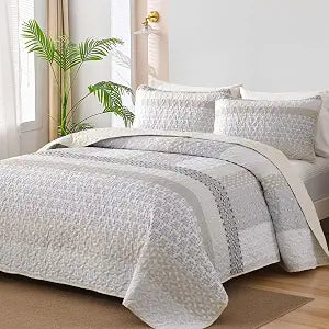WONGS BEDDING Beige Quilt Twin Size, Bohemian Stripe Quilt Sets 3 Pieces Beige Boho Quilted Bedspread Set Lightweight Microfiber Coverlet Bedding Set All Season (68"x86")