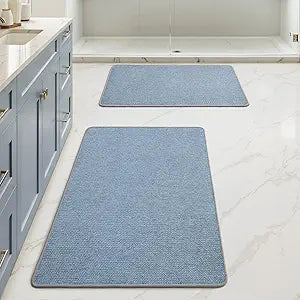 MIULEE Set of 2 Ultra Thin Bathroom Rugs, Rubber Bath Mats for Bathroom Non Slip, Quick Dry Absorbent Bath Rug Machine Washable, Fit Under Door, Shower, Sink, Home Decor, Blue, 17"x27"+20"x32"