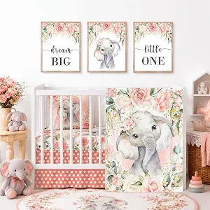 5 Pcs Baby Crib Bedding Set, Safari Floral Elephant Nursery Baby Crib Set