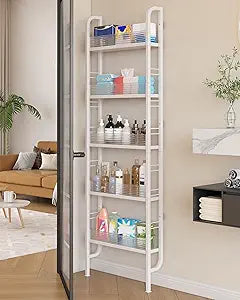 UMDONX Behind The Door Bathroom Shelf Narrow 5-Tier, Slim Space-Saving Storage Shelf, Freestanding Narrow Shelving Unit for Bathroom, Kitchen, Closet and Laundry Room