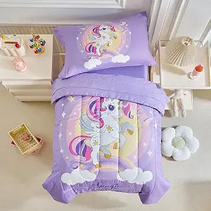 4 Pieces Toddler Bedding Set for Girls Purple Unicorn Toddler Bed Set - Cartoon Stars Rainbow Print Cute Princess Bed in a Bag - 1 Baby Comforter 1 Fitted Sheet 1 Flat Sheet 1 Pillowcase