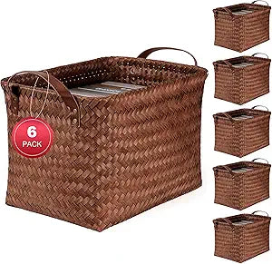 15L Laundry Baskets Waterproof Storage Baskets For Shelves Large Laundry Hamper With Leather Handle -set of 6 Cube Organizers Woven Bins for Bathroom,Bedroom,Pantry,Clothes,Car & Towels-Brown