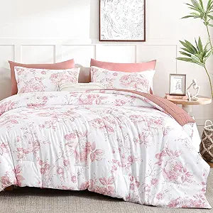 Luxudecor Pink Rose Floral Queen Comforter Set, 7 Pieces Bed in a Bag