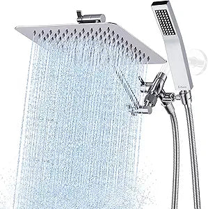 G-Promise All Metal 8 Inch Dual Square Shower Head with Handheld Spray Combo, Rain Shower Head, Adjustable Extension Arm, Smooth 3-Way Diverter, 71 Inch Extra Long Hose - A Bathroom Upgrade (Chrome)