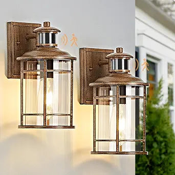 OKELI Motion Sensor Outdoor Wall Lights-Dusk to Dawn Porch Light,Faux Wood Grain Outdoor Lights Fixture,3 Lighting Modes Waterproof Anti-Rust Outdoor Lights for House Porch Garage (2 Pack
