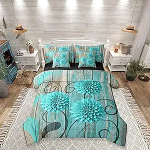 Erosebridal Teal Farmhouse Dahlia 7 Piece Comforter Set Queen | Daisy Floral Boho Bed in A Bag Turquoise Floral Sheet Set Breathable Lightweight Rustic Flower Abstract Fitted Sheet