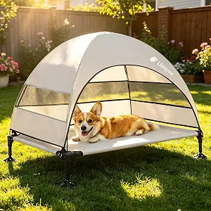 Windproof Elevated Dog Bed with Canopy & Stakes, 3-Sided 90% UV Block, Chew-Proof Teslin Mesh Mat for Large Dogs up to 150lbs(Grey Large)