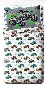 Jay Franco Kids Sheet Set with Fitted, Flat Sheets & Pillow Cover - Ultra-Soft Bedding with Pillowcase for Room Decor, White - Monster Jam, 3 Piece Twin