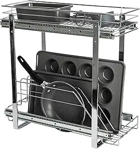 Household Essentials Glidez Multipurpose Chrome-Plated Steel Pull-Out/Slide-Out Dual-Sliding Storage Organizer for Cookware and Bakeware - 2-Tier Design - Fits Standard Size Cabinet or Shelf, Chrome