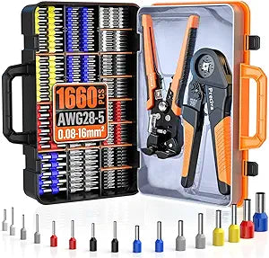 Preciva Ferrule Crimping Tool Kit with Wire Stripper, Quadrilateral Ferrule Crimper for AWG 28-50.08-16mm Self-Adjustable Ratchet Ferrule Terminals Crimping Tool with 1660Pcs Ferrules Connectors