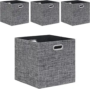 Cube Storage Bins 1313 Inch Linen Foldable Box with Handles, Collapsible Organization Basket Set of 4 Large Capacity Drawer for Closet Shelf Cabinet Bookcase Bedroom, Black