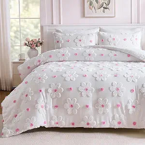 Twin Size Comforter Set for Girls 2 Pieces Tufted Daisies Flowers Pink Floral Twin Girls Bedding Sets Bed in A Bag Cute Comforter Set for Kids, Lightweight Bed Set for Kids Teen Girls Women