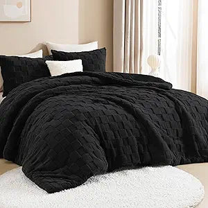 Litanika King Size Fluffy Comforter Set Black,3 Pieces Warm Sherpa Fleece Winter Bedding Set,Jacquard Checkered Plush Fuzzy Bed Set(1 Comforter, 2 Pillowcases)