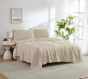 Fine Pinstripe Yarn Dye 4 Piece Sheet Set - Luxurious Garment Washed Microfiber Bed Sheets - Includes Flat Sheet, Fitted Sheet with Deep Pockets, & Pillowcases - Taupe/Queen Size