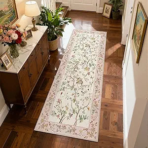 jinchan Floraison Floral Runners for Hallways 3x8 Soft Washable Runner Rug Non Slip Indoor Low Pile Chinoiserie Neutral Botanical Long Mat for Entryway Bedroom Kitchen Laundry Pink