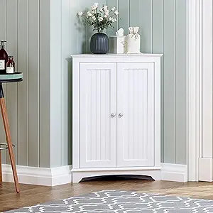 Spirich Floor Corner Cabinet with Two Doors and Shelves, Free-Standing Corner Storage Cabinets for Bathroom, Kitchen, Living Room, White
