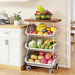 SAYZH Fruit Basket Kitchen Pantry Organizers and Storage - Wooden Top Table, Stackable Metal Wire Basket Stand Cart for Fruit Vegetable Snacks Onion Potato Organization (White, 4 Tiers)