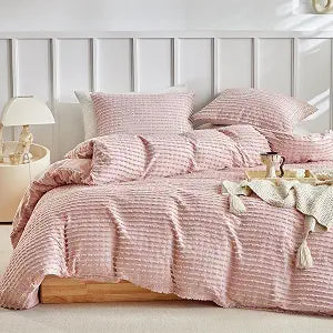 WARMDERN Boho Duvet Cover Set Queen Size, Pink Striped Duvet Cover Microfiber Bedding Set, 3PCS Ultra Soft Breathable Lightweight Tuft Texture Duvet Covers with Zipper Closure(Pink, King)
