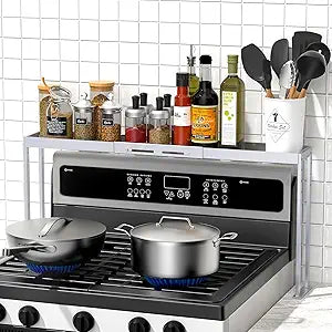 Stove Top Shelf,Adjustable 27 to 33 Inch Over the Stove Shelf for Back of Stove Spice Rack for Countertop,4 Level Height Spice Rack Organizer Seasoning Organizer for Kitchen Stove,Silver