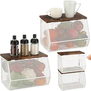 Teenyyou 2 Pcs Stackable Mesh Fruit Basket with Lid Wall Produce Vegetable Storage Basket Onion Potato Hanging Metal Wire Container for Kitchen Counter Pantry(Non-removable,White,7.1" w & 11.8" l)