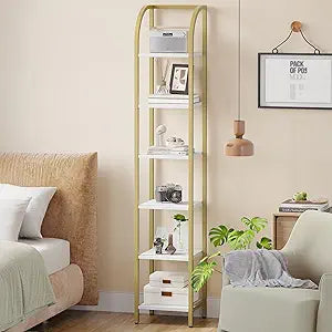 Hzuaneri Bookshelf Bookcase Narrow Bookcase Shelf Organizer with Steel Frame for Study Living Room Bedroom Kitchen Home Office Industrial Bookshelf 6-Tier White Gold BC56013A