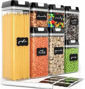 Simply Gourmet Airtight Food Storage Containers with Lids 7 Piece Assorted Size Kitchen Pantry Organization Set, BPA-Free Clear Plastic, Stackable Containers for Cereal, Flour, Sugar, Rice, Snacks