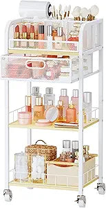 HapiRm Makeup Organizer Storage Cart - 4 Tier Skincare Make Up Storage with Drawer, Rolling Makeup Cart Vanity Organizer Cosmetics Display Cases Holder for Skin Care Perfume Nail Polish Brush