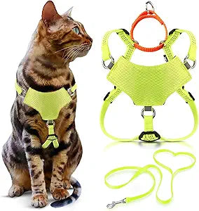 OutdoorBengal Always On Martingale Cat Harness and Leash Escape Proof Set Vest for All-Day Kitten Adventures Adult Cats - Cat Leash and Harness Escape Proof + Leash (Yellow Reflective, XL)