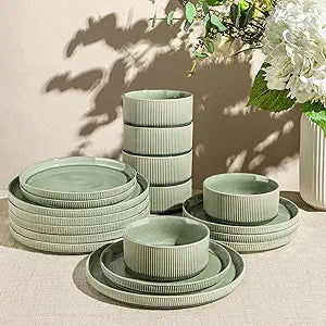 GBHOME 12-Piece Stoneware Dinnerware Set for 4 Ribbed Ceramic Plates and Bowls, Scratch-Resistant, Microwave & Dishwasher Safe, Reactive Glaze, Light Green