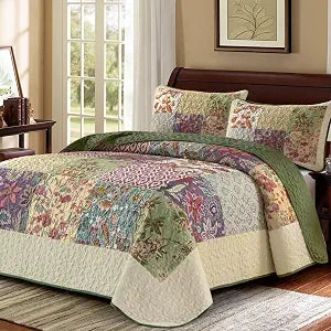 DJY Patchwork Quilt Set Queen Size, Bohemian Bedspread Green & Beige