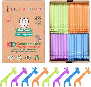 LILY & EDITH Kids Biodegradable Dental Floss Picks 200 Counts, Fluoride Free, Plant Based Material, Fun Animal Flossing Sticks, Ultra Sturdy Thread, Zero Waste Package (Unflavored)
