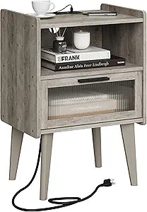 MMEOLUOOK Nightstand with Charging Station, Bedside Tables Oak Grey End Table Side Table with 2 Tiers Storage Space, for Bedroom Living Room MLBZ07GE