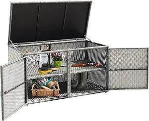 HAPPYGRILL Deck Box Outdoor Patio Pool Storage Box Outside Rattan Wicker Storage Bin Cabinet with Steel Frame Shelf for Garden Balcony Porch Yard Furniture Tools