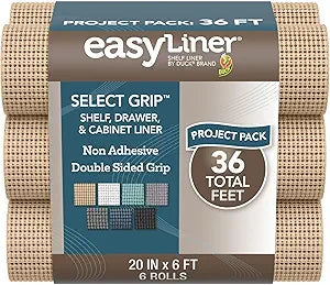 EasyLiner Select Grip Shelf Liner - Easy to Install & Cut to Fit - Non Slip, Non Adhesive, Drawer Shelf & Cabinet Liner for Kitchen, Bathroom, Pantry Cupboards -, 12 in x 10 ft (6 Rolls), 60 ft, Beige