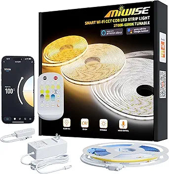 MIWISE CCT COB LED Strip Light Tunable White,20ft/6.1m Dimmable 2700K-6500K CRI90+ 24V LED Tape Light Kit,Compatible with Alexa/Google Assistant/Tuya,for Under Cabinet Bedroom Kitchen DIY Lighting