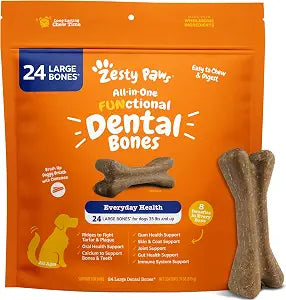 Zesty Paws Dental Bones - Fights Tartar & Plaque - Gum, Teeth & Bone Health - Cinnamon for Dog Breath - Immune, Joint, Gut, Skin & Coat Support - Omega 3 EPA & DHA and Calcium - Large Dogs - 24 ct