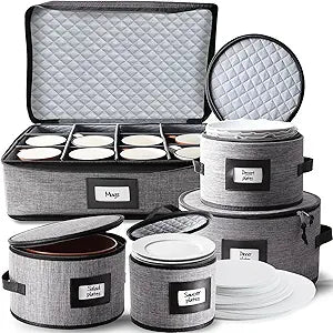 Fine China Storage Containers, 5 Piece Quilted Dish Storage Containers, Mug, Cup, and Plate Dish Organizer with Felt Dividers, Service of 12 Dinnerware Boxes for Moving, Seasonal Organization, Grey