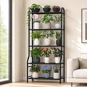 5-Tier Metal Plant Stand - Heavy Duty Indoor Outdoor Flower Shelf for Multiple Pots, 65" Tall Vertical Holder with Adjustable Leveling Feet & Wall-Fixing Kits, Black