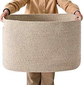 ICERZCZ Large Storage Basket for Organizing, Blanket Basket for Living Room, Large Toy Baskets for Storage, Woven Cotton Rope Baskets for Blankets, Clothes, Shoes, Brown, 25x16x16 (105L)