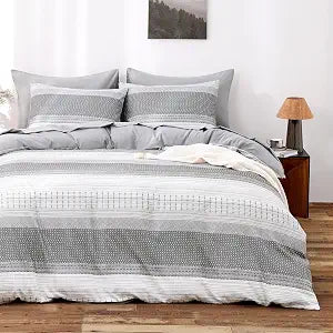 Wake In Cloud - Striped Comforter Set, Farmhouse Boho Style with Rustic Textured Colorblock Stripe Pattern, Soft Lightweight Bedding, 3 Pieces, Light Gray, Queen Size